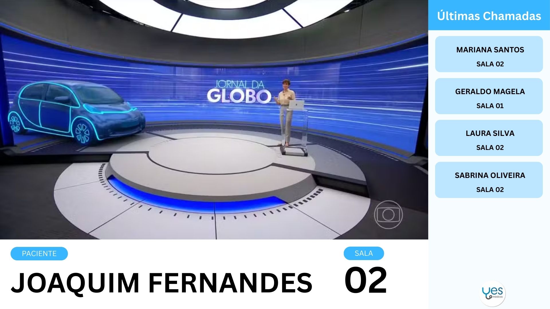 Painel de Chamada Digital em TV mostrando chamada de paciente em clínica médica