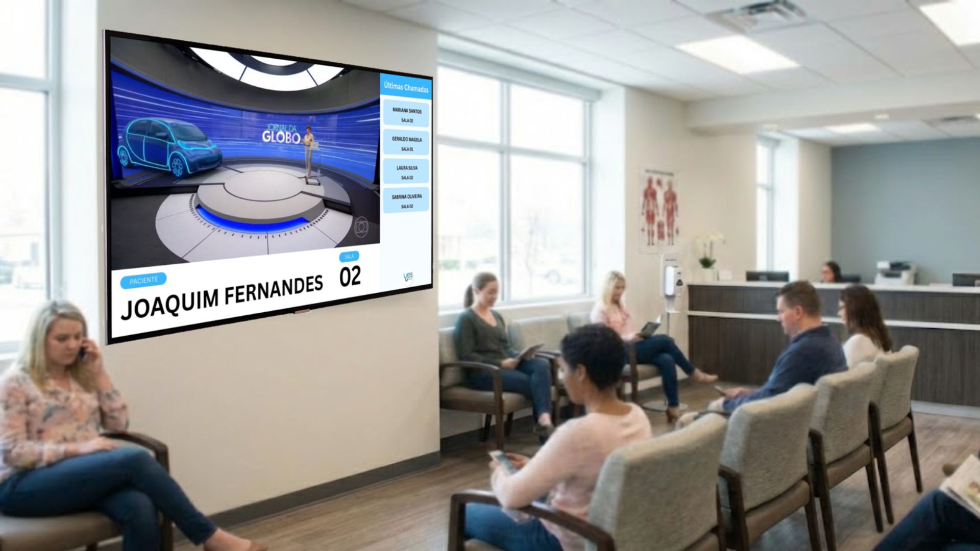 Painel de Chamada Digital em uma clínica médica com pacientes